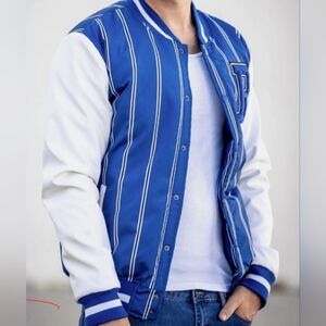 Ring of Fire Blue and White Striped Bomber Jacket Size Small